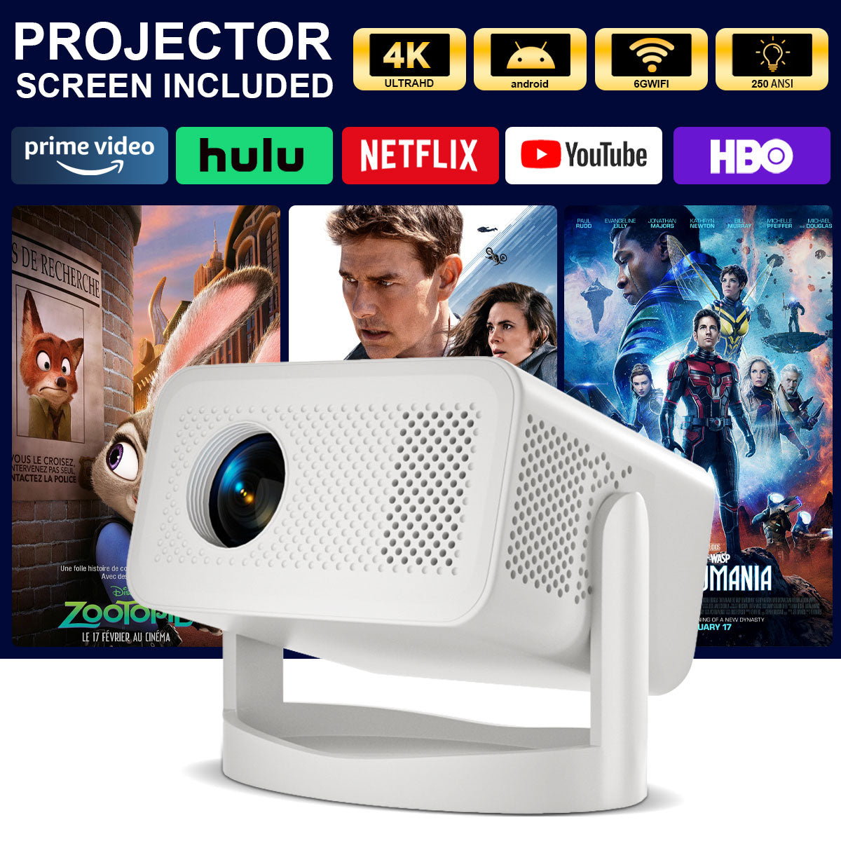 The M6 smart projector, equipped with Android system, 4K HD projection, can rotate 360°, allowing you to enjoy movies comfortably even when lying down. home cinema built-in speaker Audio