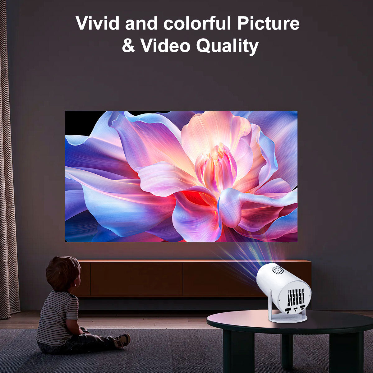 The HY300 Pro projector,4K high-definition screen projection, native 1080p, creating a small cinema in the bedroom