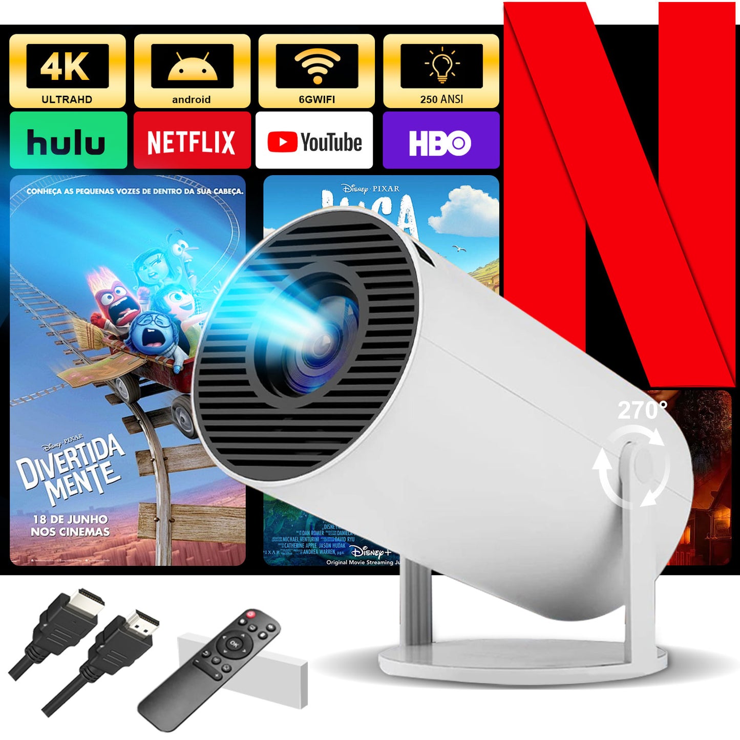 The HY300 Pro projector,4K high-definition screen projection, native 1080p, creating a small cinema in the bedroom