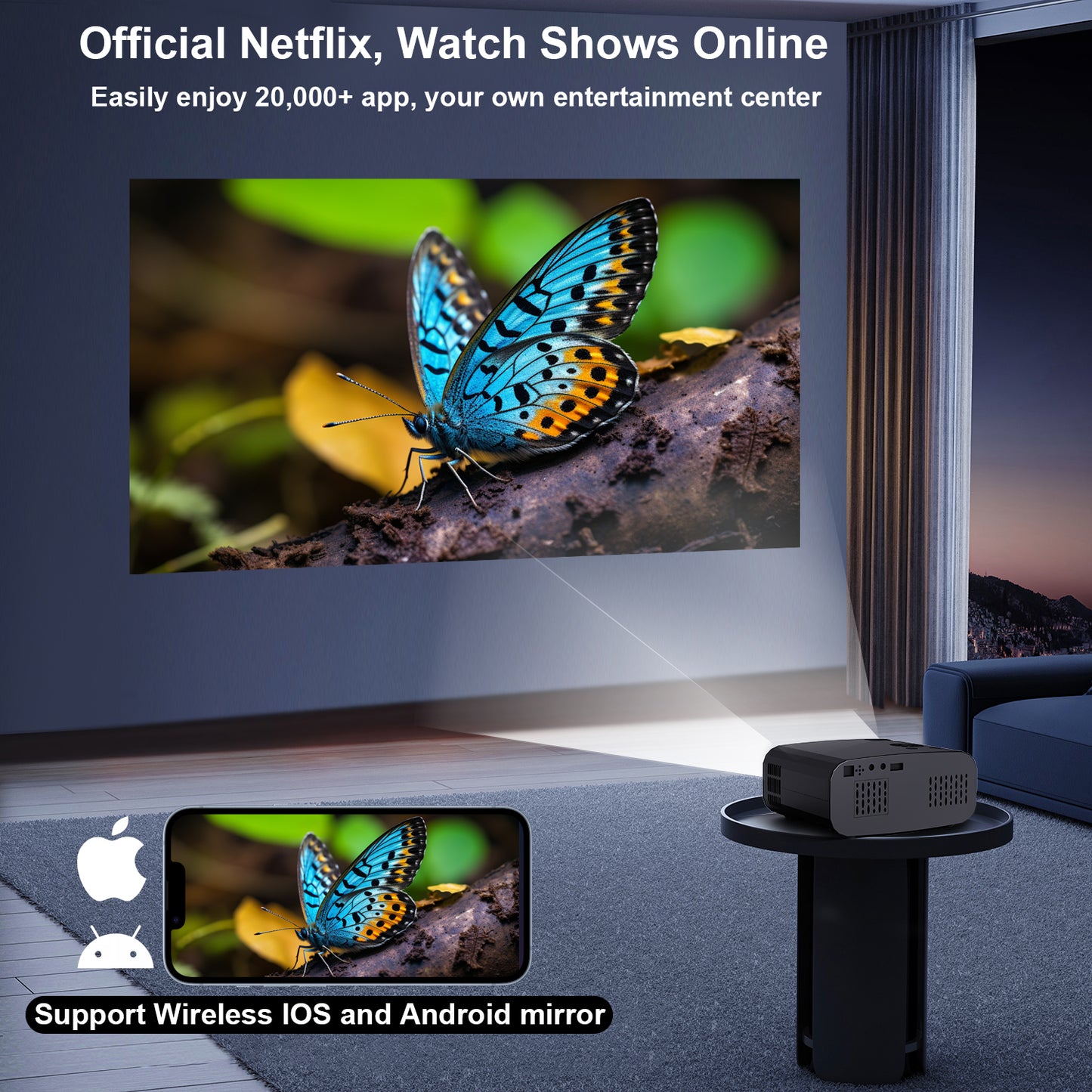The P7Pro smart projector, 4K high-definition screenprojection, native 1080p, creating a small cinemain the bedroom