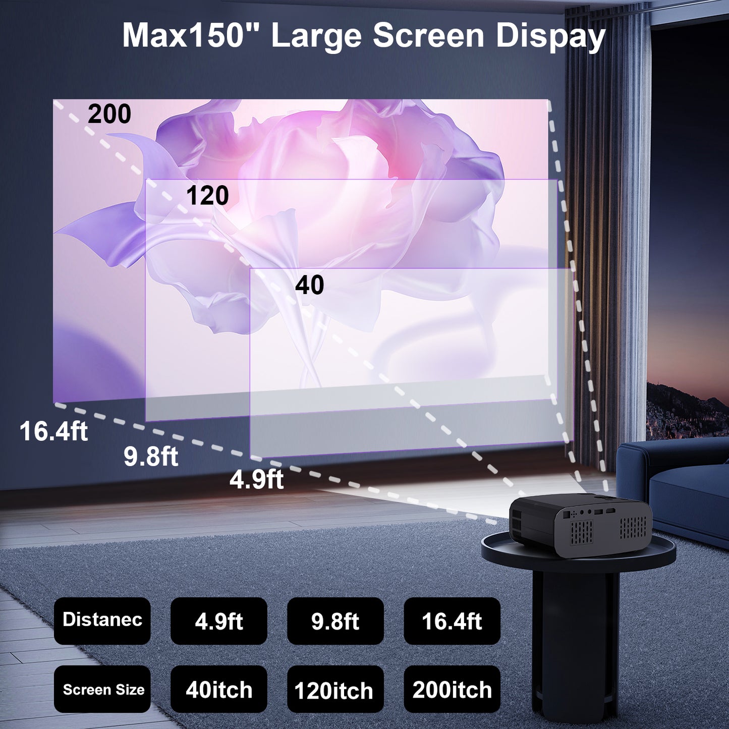 The P7Pro smart projector, 4K high-definition screenprojection, native 1080p, creating a small cinemain the bedroom
