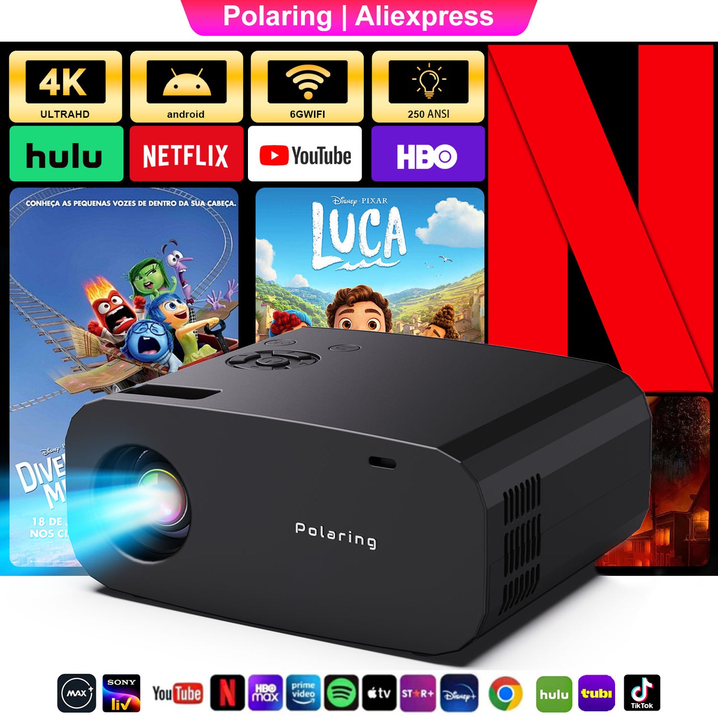 The P7Pro smart projector, 4K high-definition screenprojection, native 1080p, creating a small cinemain the bedroom