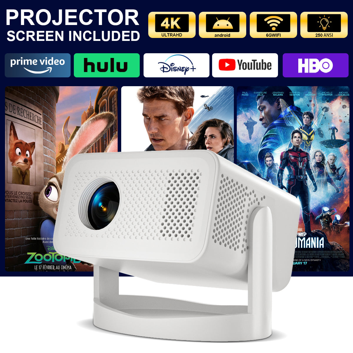 Smart projector showcasing vivid 4K HD resolution for enhanced visual clarity and immersive viewing experience