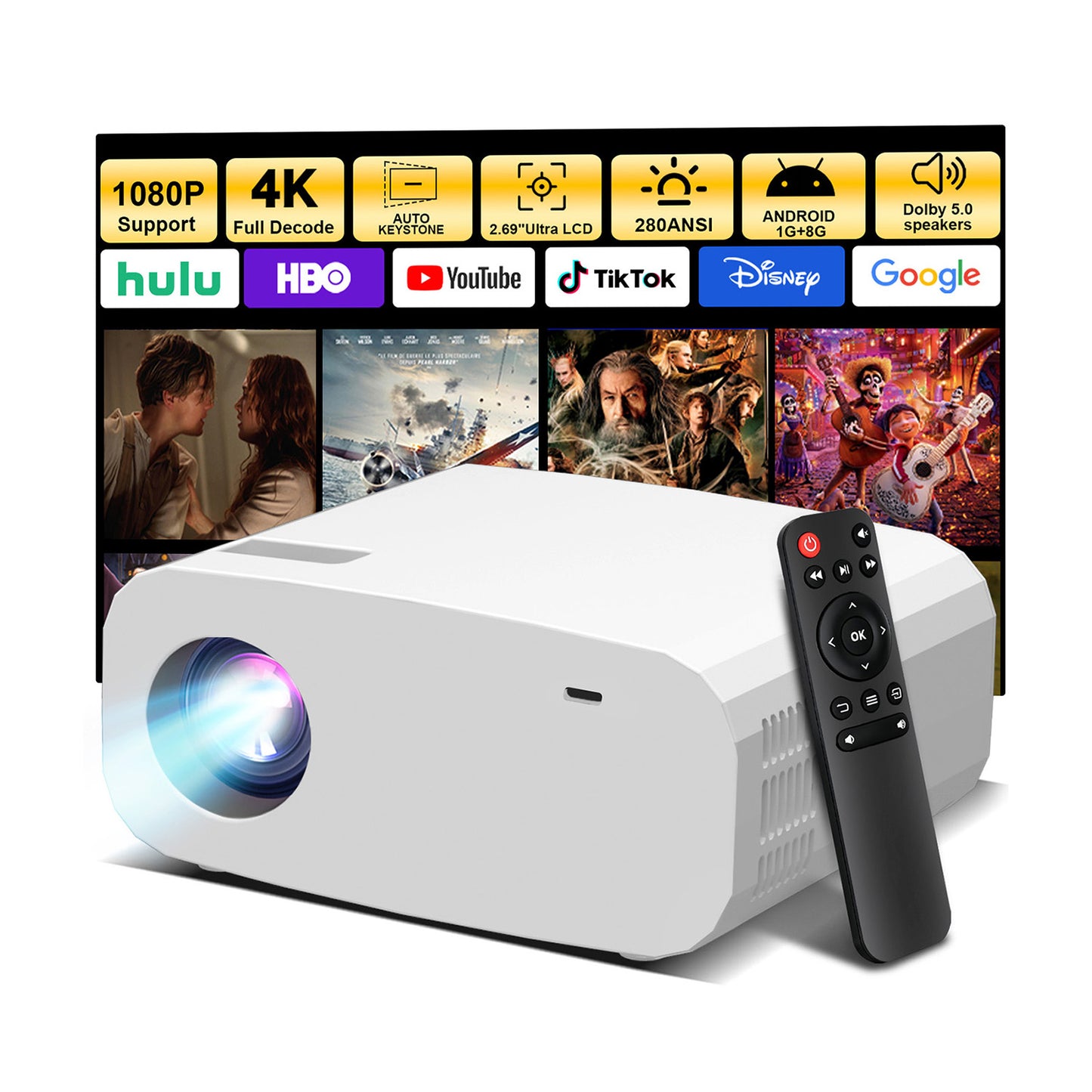 The P7Pro smart projector, 4K high-definition screenprojection, native 1080p, creating a small cinemain the bedroom