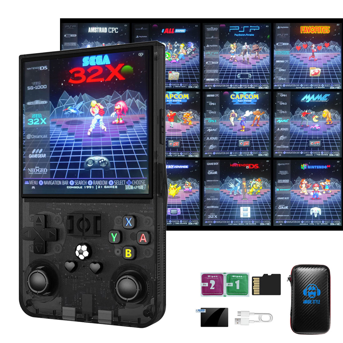 The R36 MAX game console is equipped with high-performance chips and offers a wide range of games. It is a handheld game console with ergonomic design.