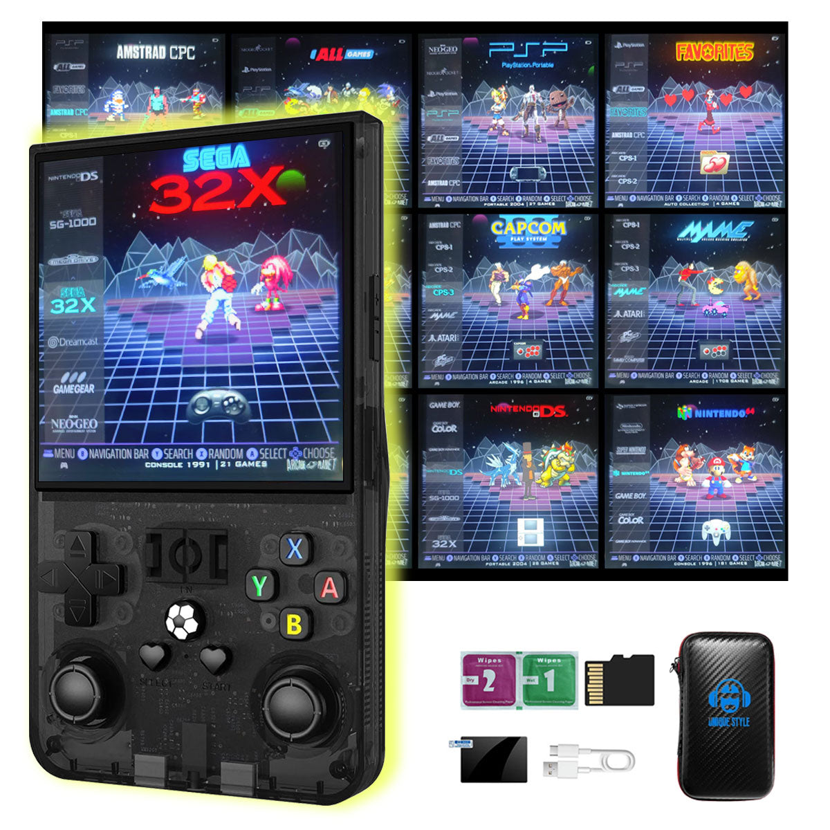 The R36 MAX game console is equipped with high-performance chips and offers a wide range of games. It is a handheld game console with ergonomic design.