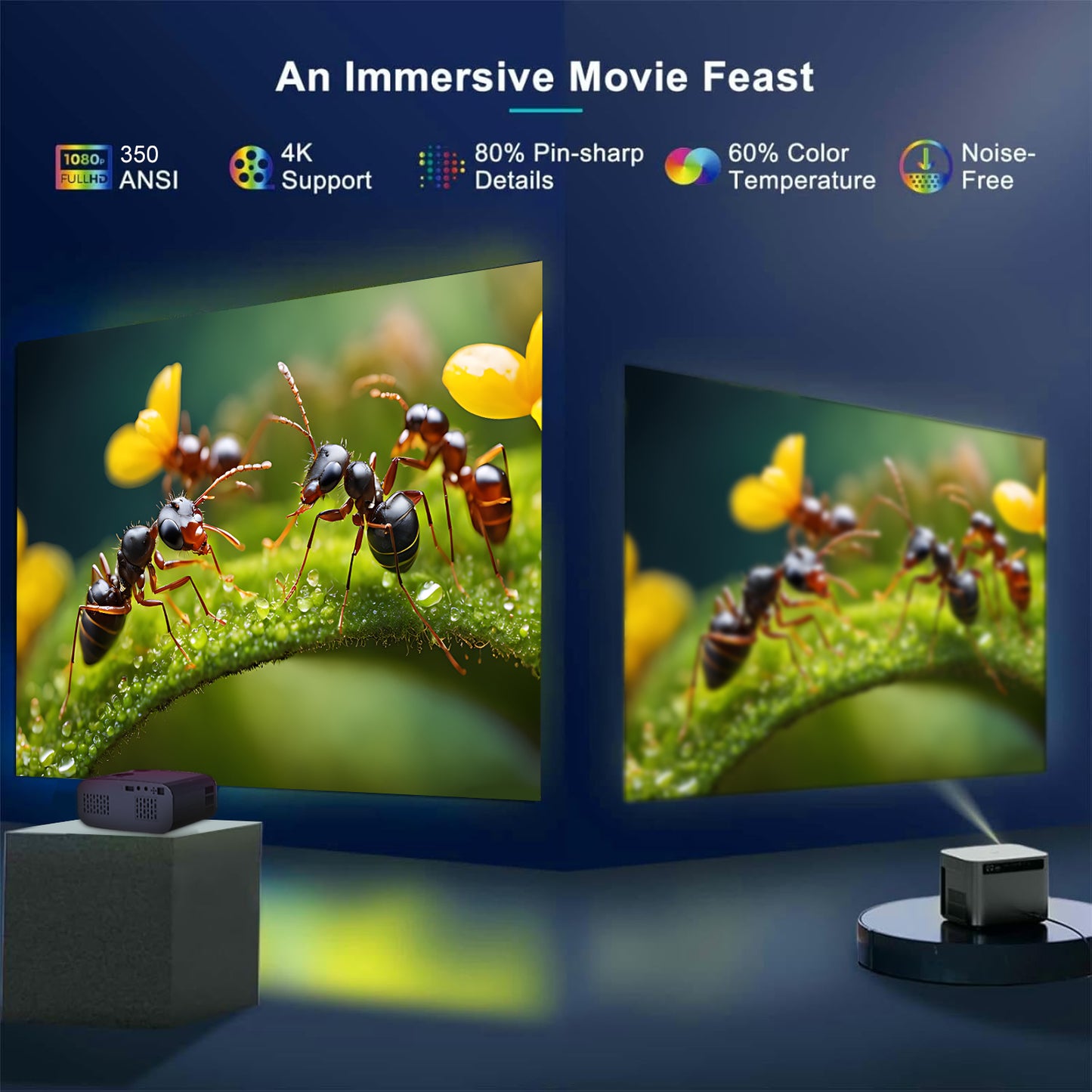 The P7Pro smart projector, 4K high-definition screenprojection, native 1080p, creating a small cinemain the bedroom