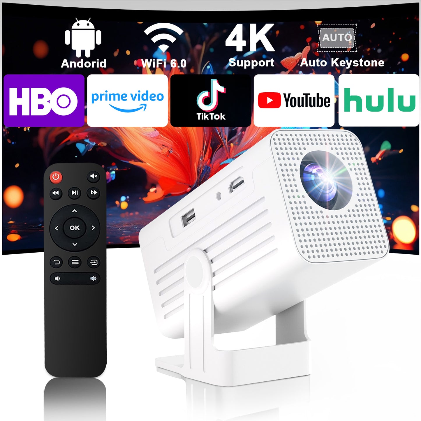 【N6 White Smart Projector - Android 11.0 - LCD Screen 4.7 inches - Resolution 1920*1080 - 260 ANSI Lumens】high-definition smooth projection, palm-sized for easy portability, a great choice for outdoor viewing.