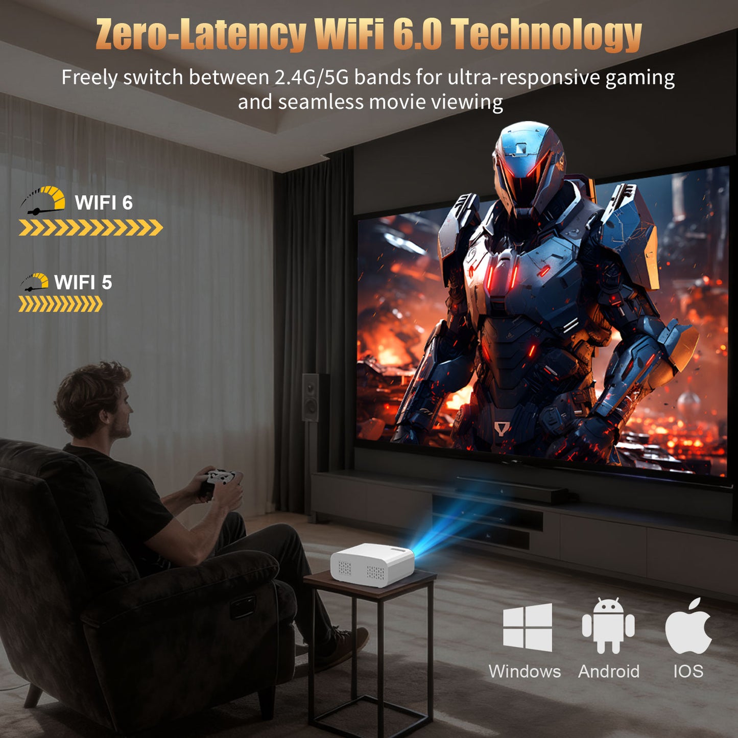 The P7Pro smart projector, 4K high-definition screenprojection, native 1080p, creating a small cinemain the bedroom