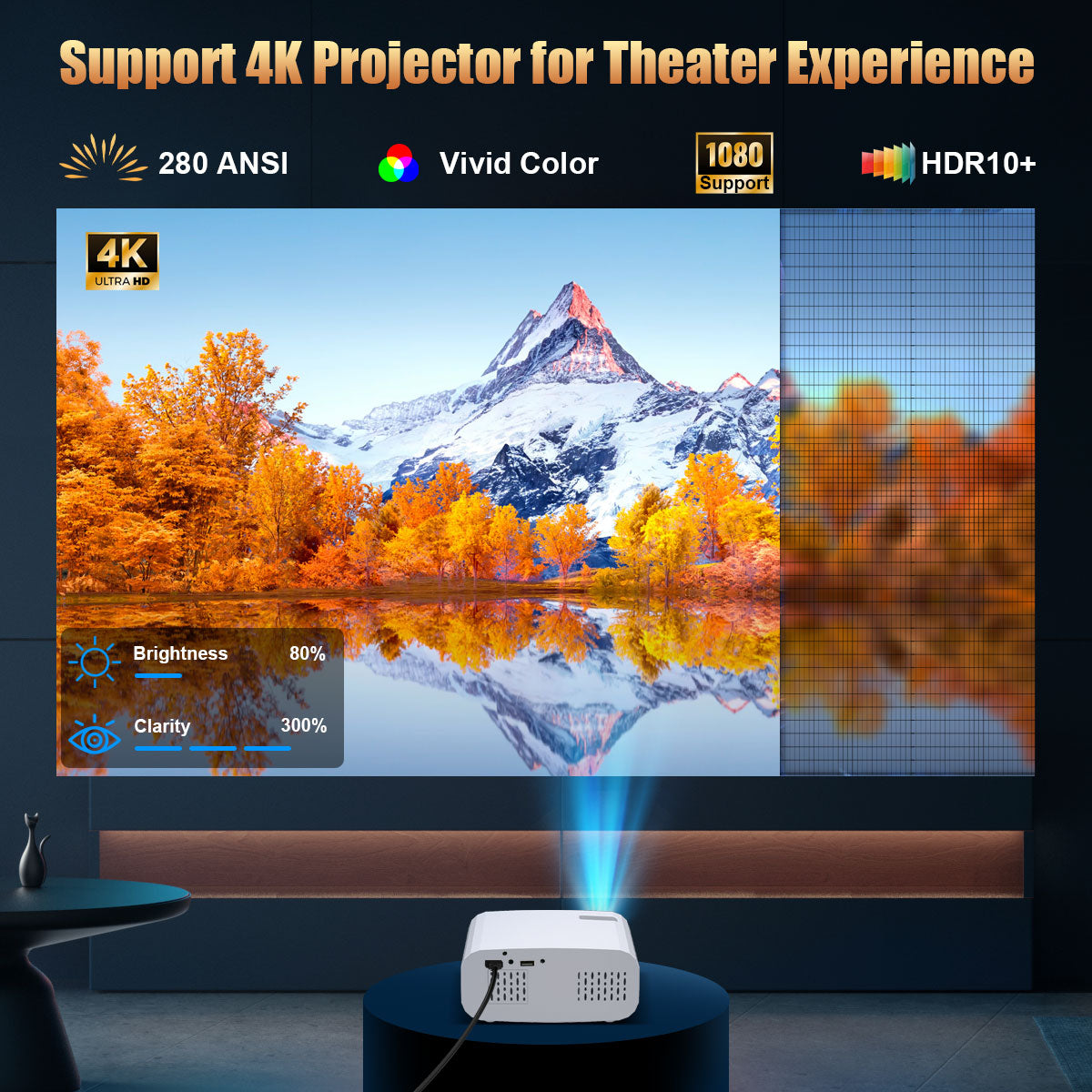 The P7Pro smart projector, 4K high-definition screenprojection, native 1080p, creating a small cinemain the bedroom