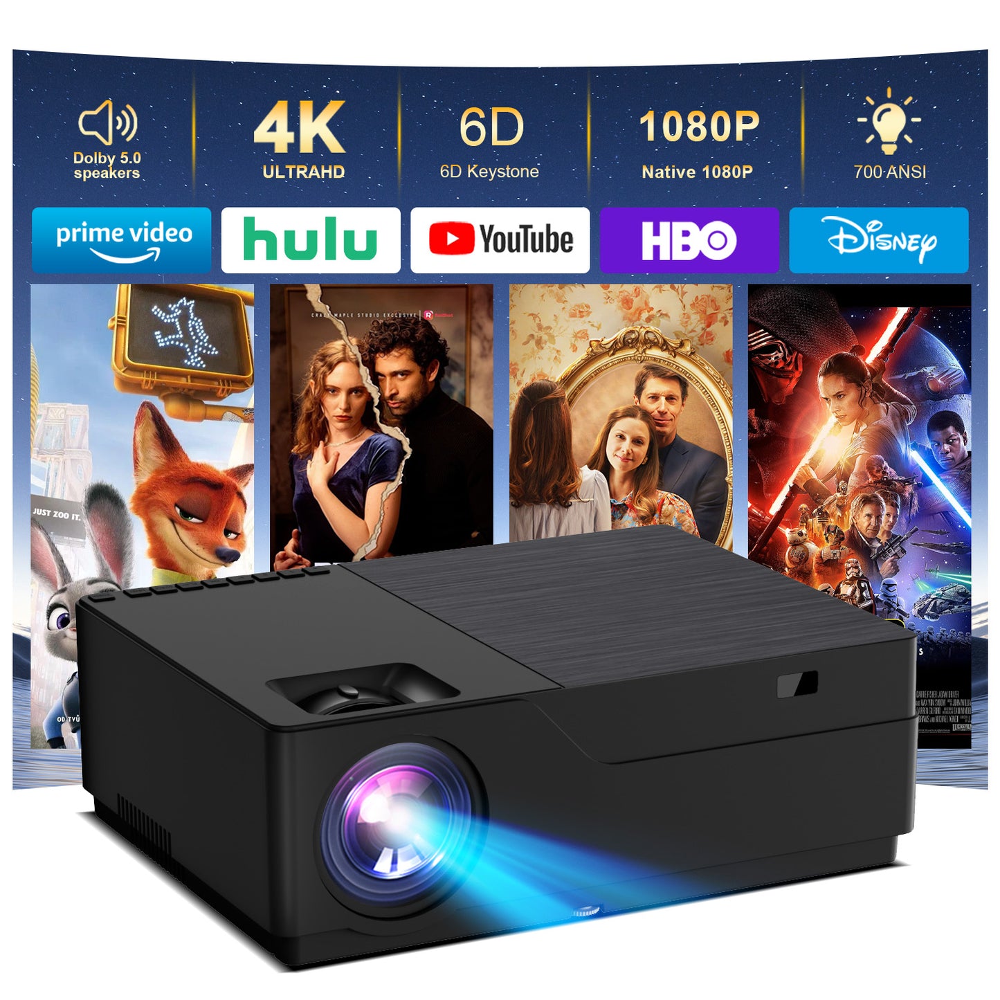 M18 projector with wifi and bluetooth,Movie Projector for Bedroom Celling Camping & Outdoor Use, Portable Projector with Speaker, Auto Keystone.