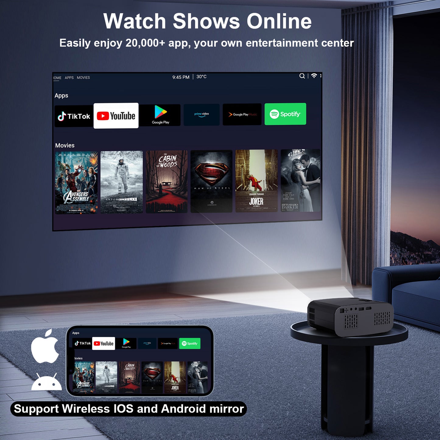 The P7Pro smart projector, 4K high-definition screenprojection, native 1080p, creating a small cinemain the bedroom