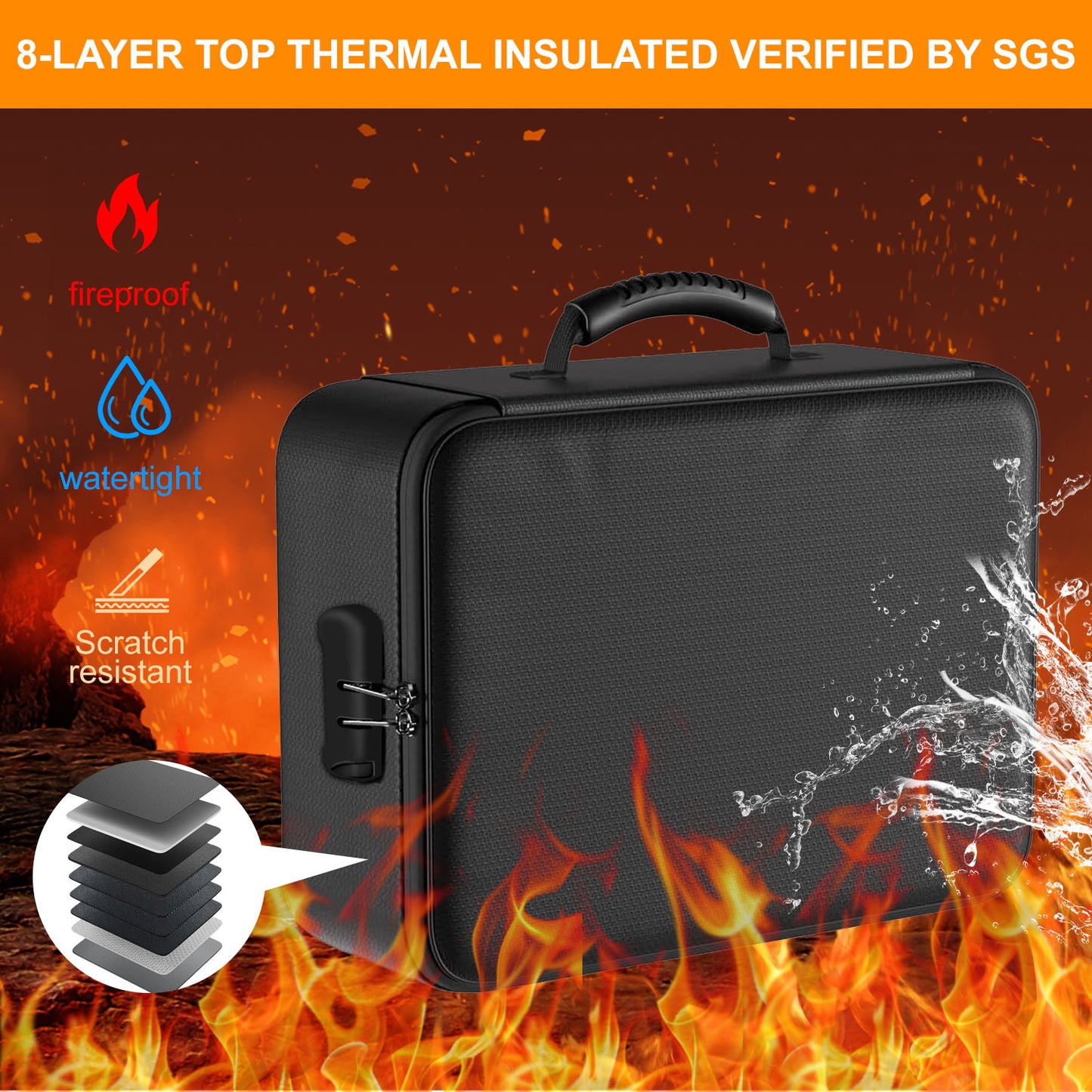 Fireproof Document Box, Multi-Layer Heat Insulated Fire and waterproof office bag with lock，Portable family outdoor travel bags are suitable for storing important documents and valuable