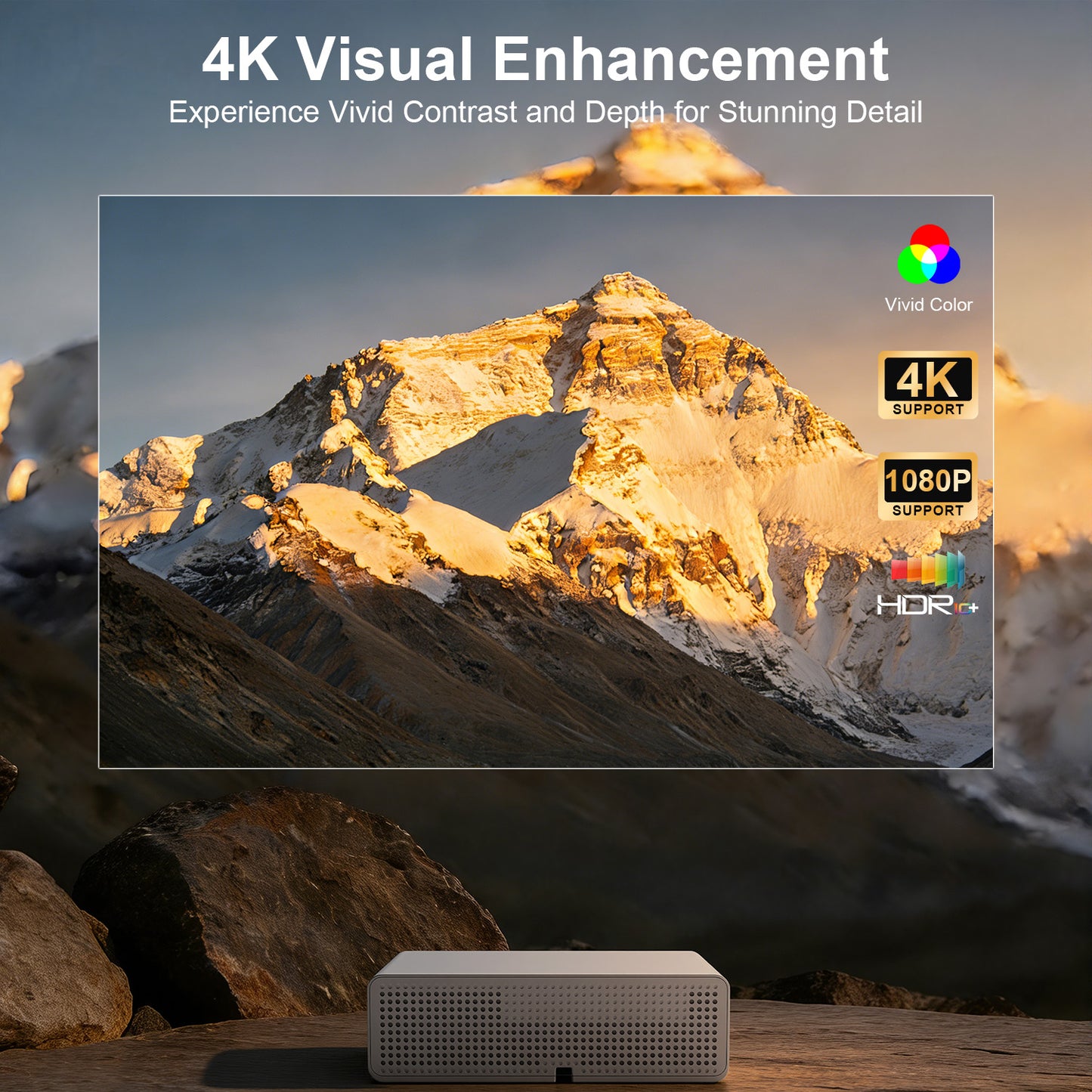 【H7 Smart Projector - 4.0 Inch LCD-Native 1080P/4K Support-1000ANSI Lumens】, 200-Inch Screen, Perfectly Suitable For Home Theater Projectors Used At Night.
