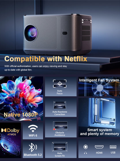 【A5 Projector - Android 13 - LCD Screen 5.7 inches - 1920*1080P Resolution - 2500 ANSI Lumens】 with wifi and bluetooth,Movie Projector for Bedroom Celling Camping & Outdoor Use,Home Projector with Speaker, Auto Keystone