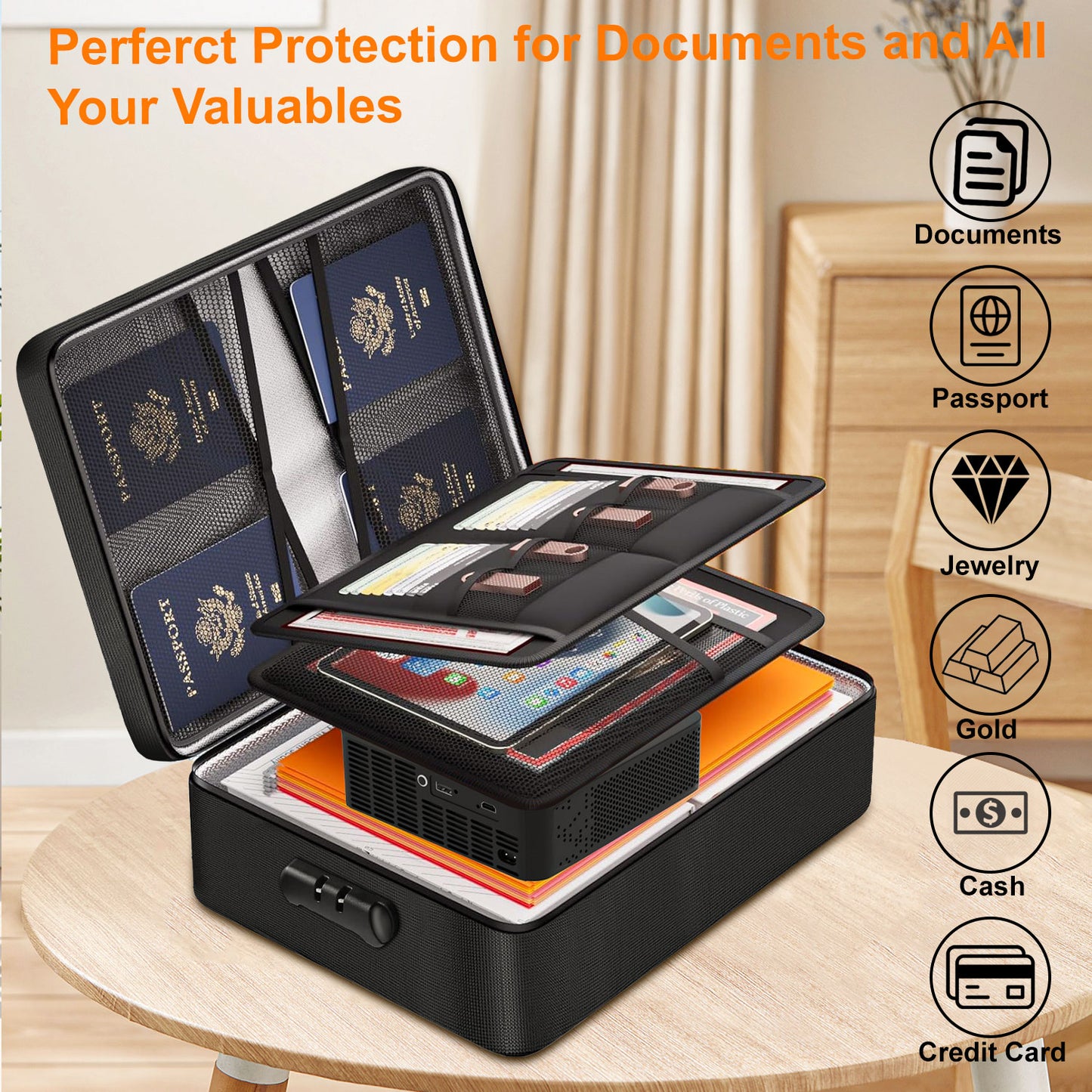 Fireproof Document Box, Multi-Layer Heat Insulated Fire and waterproof office bag with lock，Portable family outdoor travel bags are suitable for storing important documents and valuable