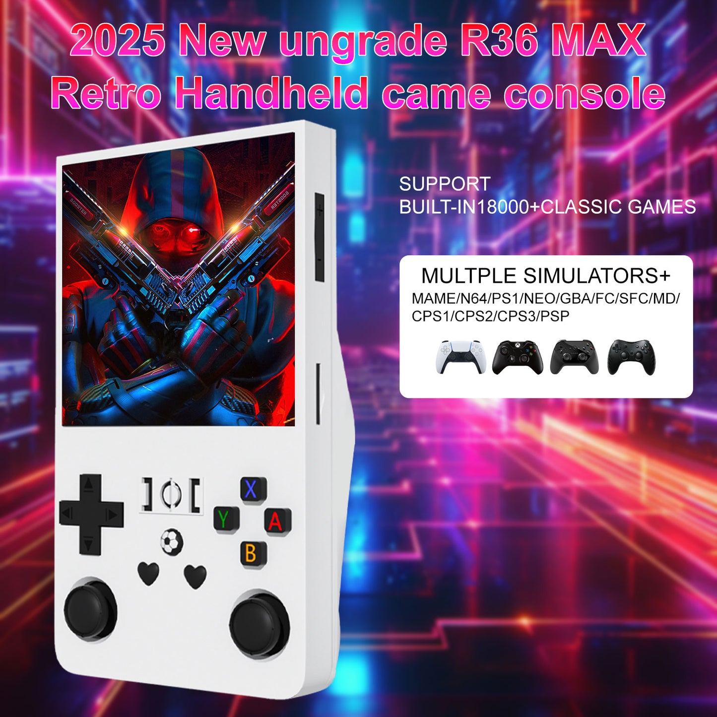 The R36 MAX game console is equipped with high-performance chips and offers a wide range of games. It is a handheld game console with ergonomic design.