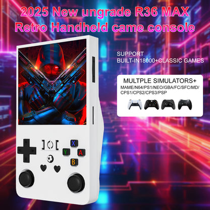 The R36 MAX game console is equipped with high-performance chips and offers a wide range of games. It is a handheld game console with ergonomic design.
