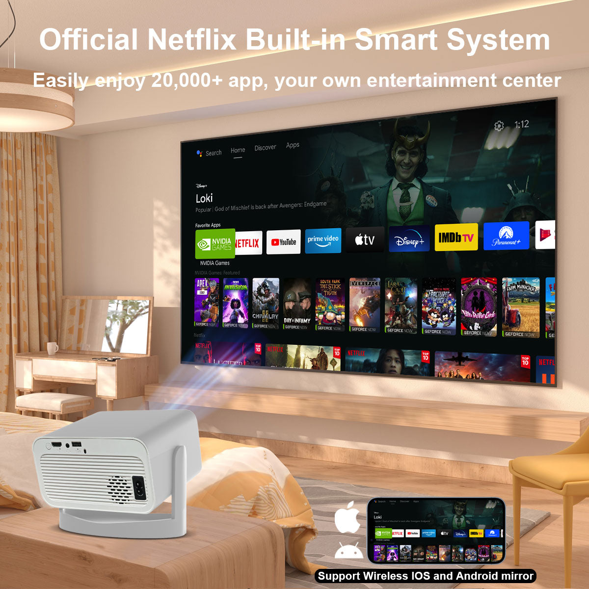 The M6 smart projector, equipped with Android system, 4K HD projection, can rotate 360°, allowing you to enjoy movies comfortably even when lying down. home cinema built-in speaker Audio