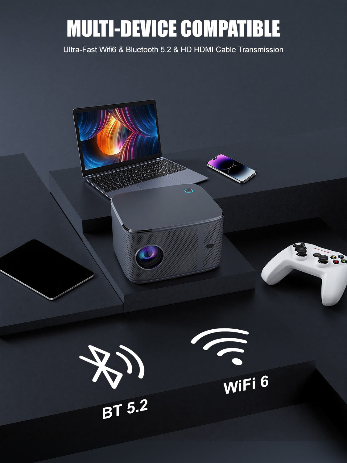 【A5 Projector - Android 13 - LCD Screen 5.7 inches - 1920*1080P Resolution - 2500 ANSI Lumens】 with wifi and bluetooth,Movie Projector for Bedroom Celling Camping & Outdoor Use,Home Projector with Speaker, Auto Keystone